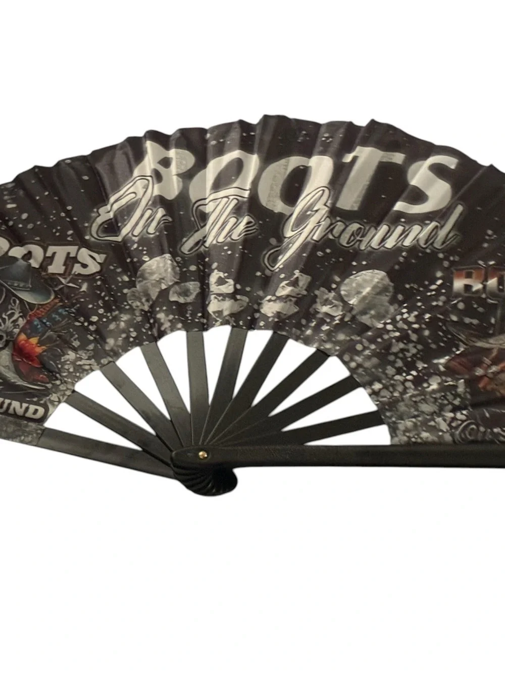 Black Folding Fan with 'Roots On The Ground' Graphic - Decorative Accent
